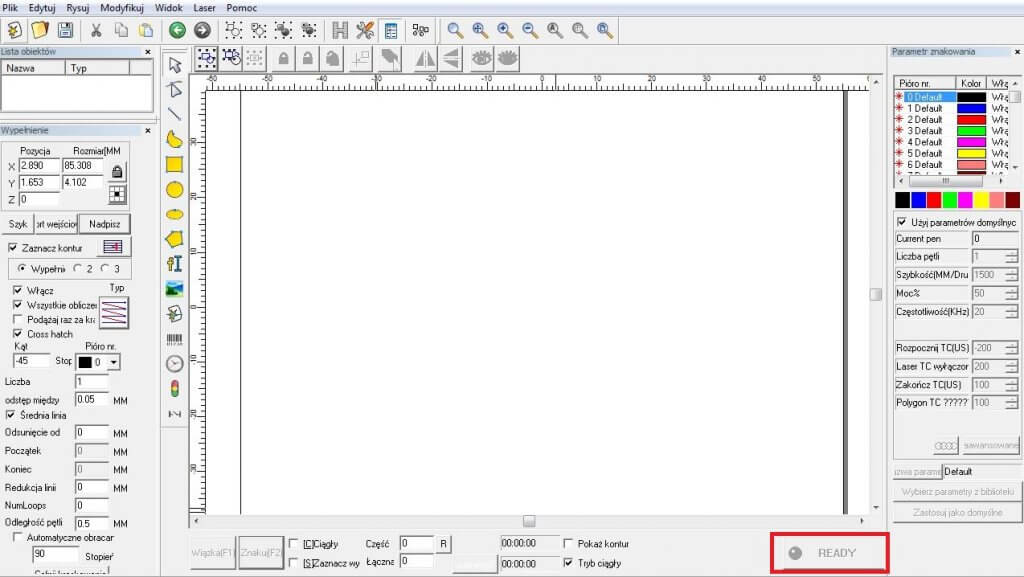 W programie EZCAD świeci się kontrolka "Ready"